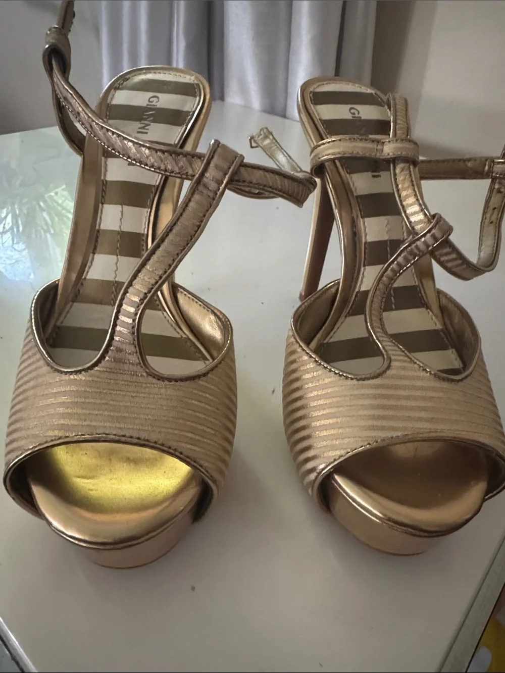 Ganni Metallic Gold Open-Toe Strappy Platform Heels